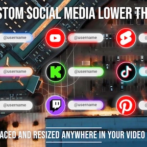 Puede incluir: Terceros inferiores personalizados para redes sociales con logotipos de Facebook, Instagram, YouTube, etc. Cada gráfico incluye un espacio para un nombre de usuario. El texto dice: "SE PUEDE COLOCAR Y REDIMENSIONAR EN CUALQUIER LUGAR DE TU VÍDEO O STREAM."