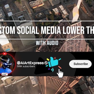 Peut inclure: Graphique de tiers inférieur personnalisé pour les réseaux sociaux avec audio, avec un utilisateur de casque VR. Le graphique comprend un bouton d'abonnement, une icône de pouce levé et le logo Etsy. Le fond montre un paysage urbain.