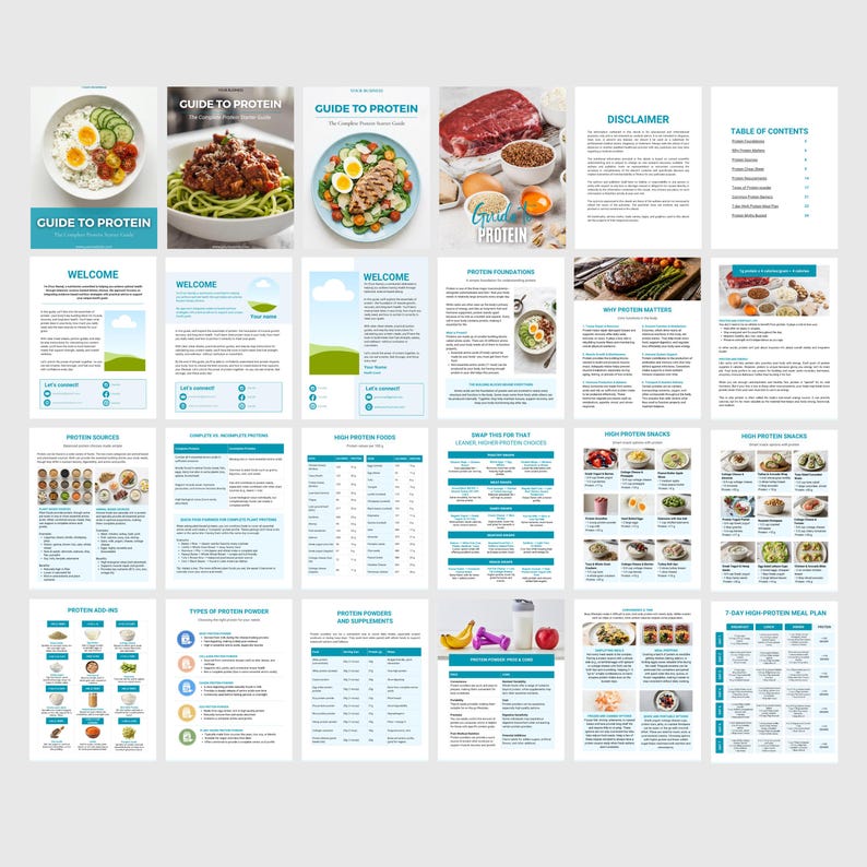 May include: A comprehensive guide to protein, featuring a variety of colorful food images, charts, and infographics. The pages are laid out in a clean, modern design with a white and blue color scheme. The guide includes the text "GUIDE TO PROTEIN" and "WELCOME".