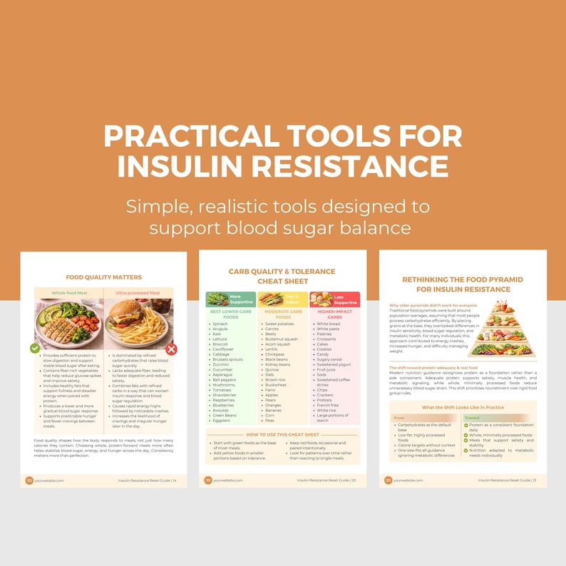 May include: A graphic with the title "Practical Tools for Insulin Resistance" and the subtitle "Simple, realistic tools designed to support blood sugar balance." The graphic includes three informational pages with food charts and a food pyramid.