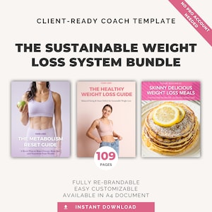 Könnte beinhalten: Ein digitales Paket mit dem Titel The Sustainable Weight Loss System Bundle, bestehend aus drei Dokumentencovern: The Metabolism Reset Guide, The Healthy Weight Loss Guide und Skinny Delicious Weight Loss Meals. Enthält 109 Seiten, A4-Format und Sofort-Download.
