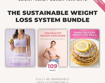 Puede incluir: Un paquete digital titulado The Sustainable Weight Loss System Bundle, que presenta tres portadas de documentos: The Metabolism Reset Guide, The Healthy Weight Loss Guide y Skinny Delicious Weight Loss Meals. Incluye 109 páginas, formato A4 y descarga instantánea.