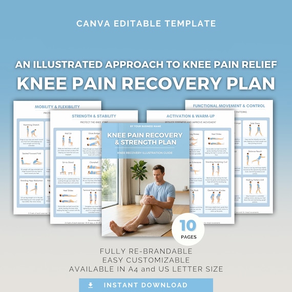 Knee Pain Recovery and Strength Plan | Editable Canva Template, Exercise Illustration Guide, Health Coach
