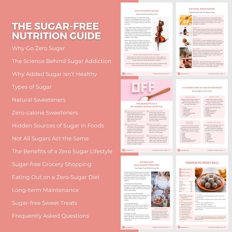 May include: A digital guide titled "The Sugar-Free Nutrition Guide" with a pink background. The guide's topics include "Why Go Zero Sugar," "The Science Behind Sugar Addiction," and "Sugar-free Sweet Treats." The guide also features images of food and infographics.