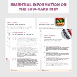 K&ouml;nnte beinhalten: Informative Infografik zum Thema Low-Carb-Di&auml;t, mit Snack-Optionen, Kernprinzipien und Tipps von Ern&auml;hrungsberatern. Enth&auml;lt eine Checkliste f&uuml;r intelligentes Einkaufen. Der Text ist hellviolett.