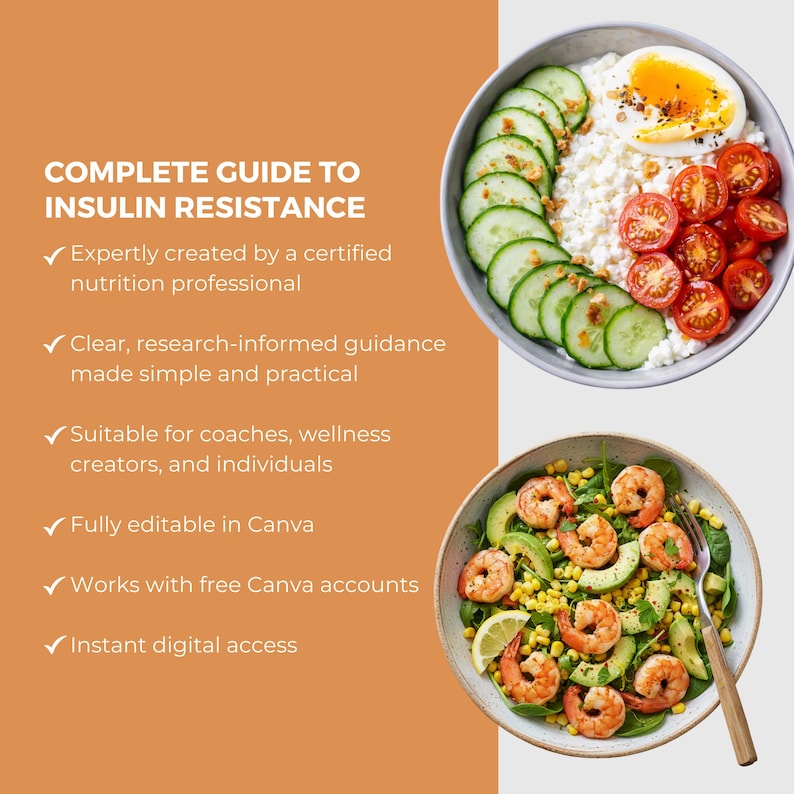 May include: An image featuring two bowls of food and text. The top bowl contains cottage cheese, sliced cucumbers, halved cherry tomatoes, and a boiled egg. The bottom bowl has shrimp, avocado, and corn. Text reads "COMPLETE GUIDE TO INSULIN RESISTANCE."