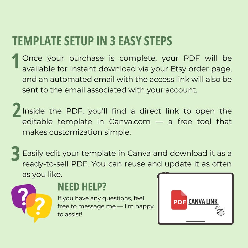 May include: A green graphic with the text "TEMPLATE SETUP IN 3 EASY STEPS." Instructions are provided for downloading and editing a template in Canva. A PDF icon and a speech bubble with question marks are also shown.