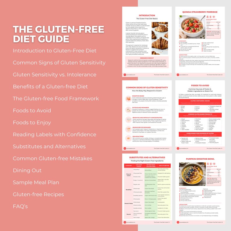 May include: A pink and white graphic for "The Gluten-Free Diet Guide" with a list of topics including "Introduction to Gluten-Free Diet" and "Foods to Avoid." Several pages show recipes and information.