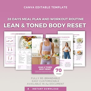 May include: A digital template with a pink and white design, promoting a 28-day meal plan and workout routine for a lean and toned body. The template includes pages on lower body workouts, meal recipes, and the lean and toned framework. The document is fully rebrandable.