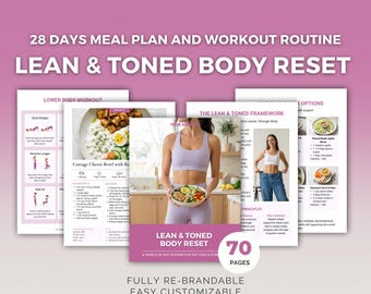 May include: A digital template with a pink and white design, promoting a 28-day meal plan and workout routine for a lean and toned body. The template includes pages on lower body workouts, meal recipes, and the lean and toned framework. The document is fully rebrandable.