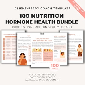 以下が含まれることがあります： 「100 Nutrition Hormone Health Bundle」というタイトルの、クライアント対応コーチテンプレート。このバンドルには、プロフェッショナルでモダン、そして完全に編集可能なコンテンツが100ページ含まれています。ニキビ、ホルモンバランスのための健康的なパントリー、更年期障害などのトピックをカバーしています。「No Pro Account Needed」というテキストが表示されています。