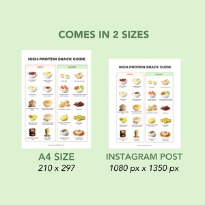 May include: A high-protein snack guide in two sizes, A4 and Instagram post. The guide is divided into sweet and savory sections, with illustrations of various snack options. The A4 size is 210 x 297 mm, and the Instagram post is 1080 x 1350 px.