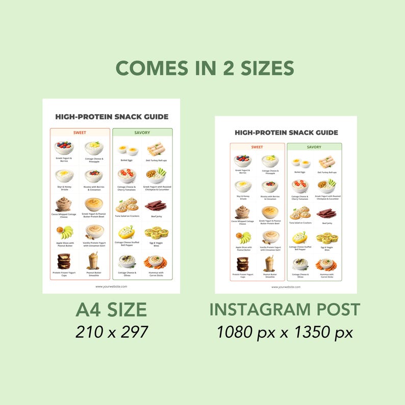 May include: A high-protein snack guide in two sizes, A4 and Instagram post. The guide is divided into sweet and savory sections, with illustrations of various snack options. The A4 size is 210 x 297 mm, and the Instagram post is 1080 x 1350 px.