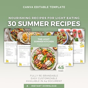 Op de afbeelding: Een digitale sjabloon voor "The Light Summer Kitchen" met 30 zomerrecepten voor lichte voeding. De omslag toont een foto van perzik-burrata salade. De sjabloon is volledig aanpasbaar en beschikbaar in A4-formaat.