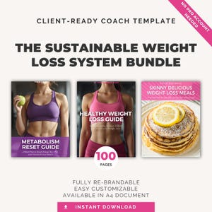 May include: A digital weight loss bundle, "The Sustainable Weight Loss System Bundle." The image showcases three guides: "Metabolism Reset Guide," "Healthy Weight Loss Guide," and "Skinny Delicious Weight Loss Meals." The bundle is fully re-brandable and customizable, with 100 pages, available for instant download.
