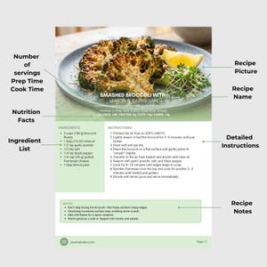 May include: A recipe page for Smashed Broccoli with Lemon & Parmesan. The image shows a plate of cooked broccoli with a lemon wedge and microgreens. The recipe includes ingredients, instructions, and nutritional information.