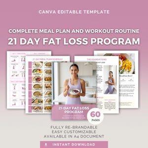21-day Fat Loss Program | Editable Canva Template, Healthy Recipes, Workout Plan, Health Coach PLR