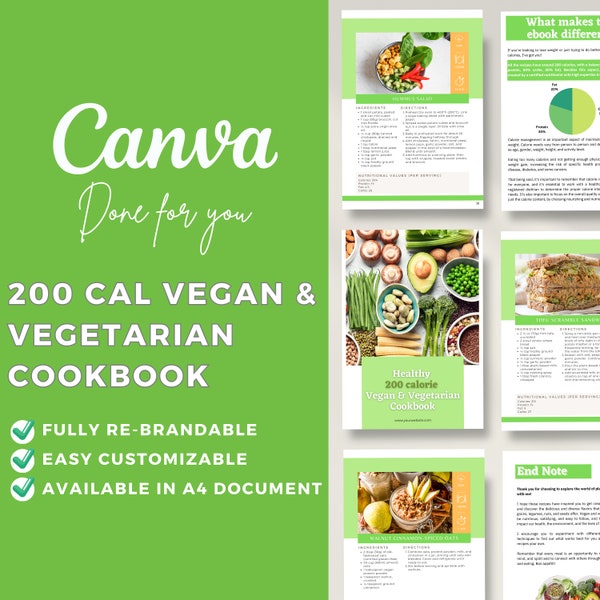 200 cal Vegan & Vegetarisches Kochbuch Vorlage | Bearbeitbares Canva Design | Ernährung | Pflanzlich | Gesunde Rezepte | Gesundheit Coach Ressourcen