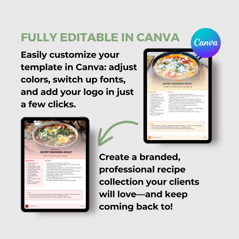 May include: Two tablets display a recipe for Savory Shakshuka Skillet. The text reads "Fully Editable in Canva" and "Easily customize your template in Canva: adjust colors, switch up fonts, and add your logo in just a few clicks."