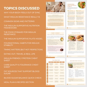May include: A collection of informational pages on an orange background. The pages discuss topics such as insulin resistance, nutrition, and meal planning. The text includes "Topics Discussed", "7 Day Meal Plan", and "Food Quality Matters".