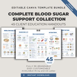 Könnte beinhalten: Ein bearbeitbares Canva-Vorlagenpaket mit dem Titel Complete Blood Sugar Support Collection, das 45 Kunden-Informationsblätter enthält. Die Dokumente umfassen Infografiken zum Blutzuckerspiegel, Insulinresistenz und Lebensmittelaustausch.