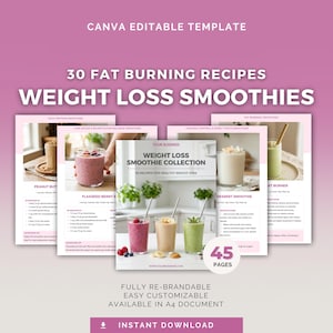 May include: A digital template for a weight loss smoothie recipe book. The cover states "Weight Loss Smoothie Collection" with "30 Recipes for Healthy Weight Loss." The image displays various smoothie recipes with ingredients and nutritional details. The template is fully re-brandable and customisable.
