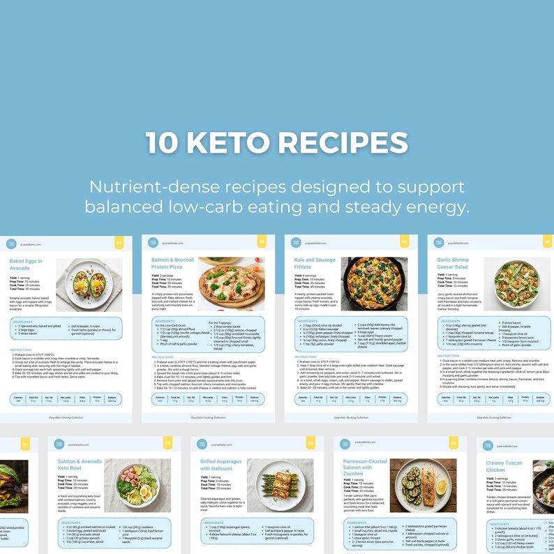 May include: A light blue graphic with the text "10 KETO RECIPES" and "Nutrient-dense recipes designed to support balanced low-carb eating and steady energy." Below are images of recipes, including Baked Eggs in Avocado and Kale and Sausage Frittata.