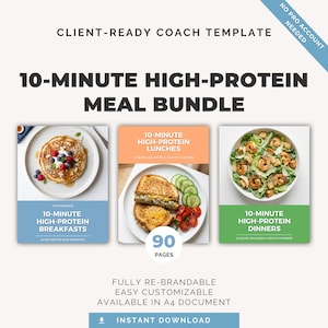 Può includere: Un modello digitale per un pacchetto di pasti da 10 minuti ad alto contenuto proteico. L'immagine presenta tre libri di ricette: Colazioni, Pranzi e Cene. Il pacchetto include 90 pagine ed è completamente personalizzabile. Il testo recita "Download istantaneo."