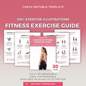 Op de afbeelding: Een fitness oefengids met de tekst "Complete Fitness Exercise Guide" en "100+ Exercise Illustrations". De gids bevat illustraties van verschillende oefeningen en is beschikbaar in A4- en US Letter-formaat. De omslag toont een vrouw in sportkleding.
