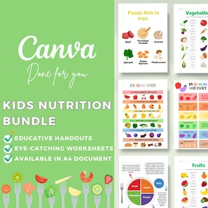 Pacchetto di modelli modificabili Canva per l'alimentazione dei bambini / Schede di riassunto di dispense / Schede di lavoro / Educazione alla dieta sana Piatto sano Bambini