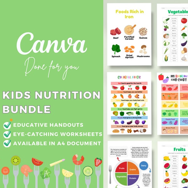 Editable Canva Template Kids Nutrition Bundle | Handouts | Cheatsheet | Worksheet | Healthy Diet | Education | Healthy Plate | Children