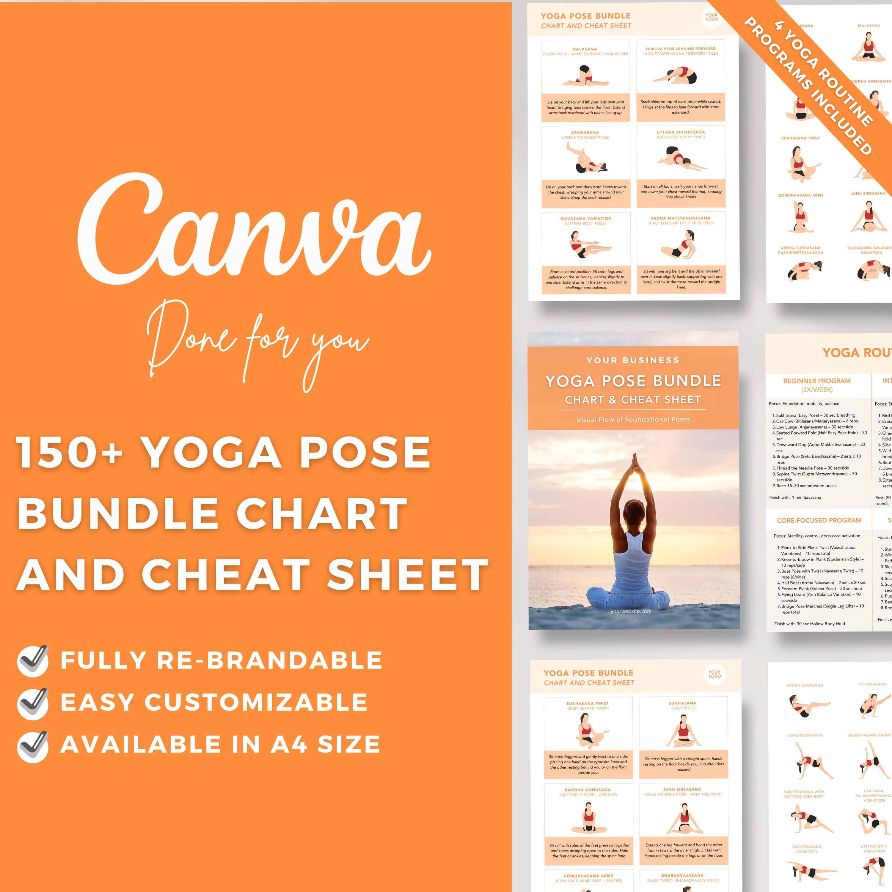 Yoga Pose Bundle: 150+ Illustrated Poses, Workout Charts (Canva Template, Digital Download)