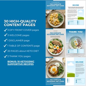 May include: A digital guide titled "The Complete Ketogenic Diet Guide" with images of keto-friendly meals. The guide includes 30 high-quality content pages, including front covers, welcome pages, a disclaimer, and recipes.