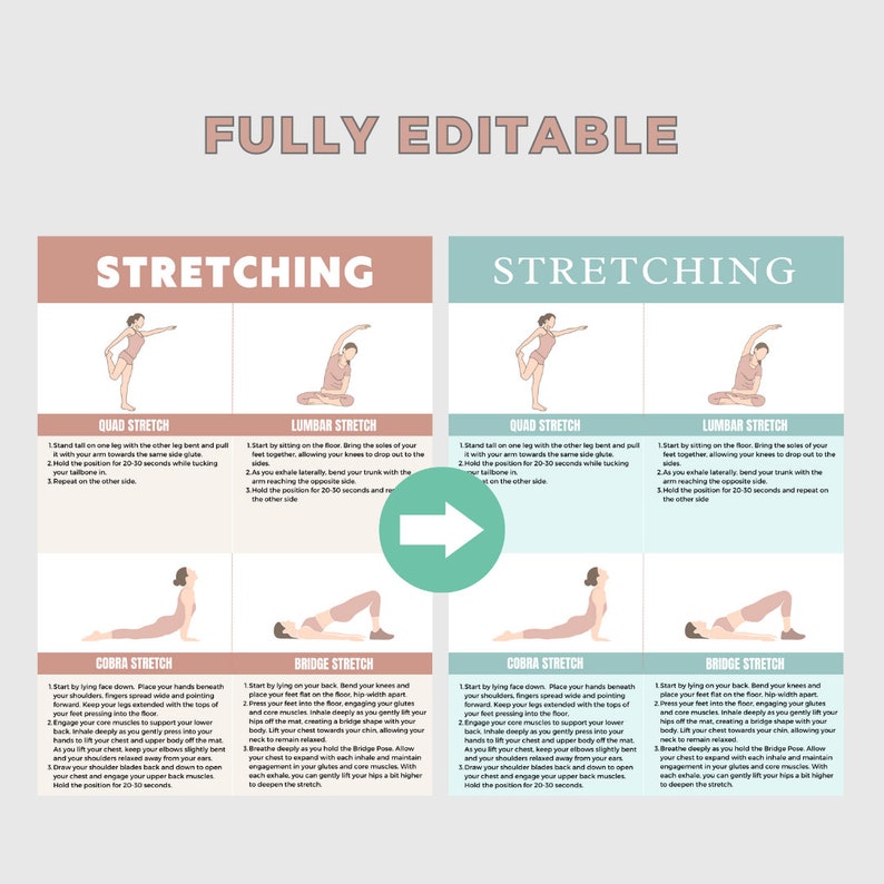 Editable Stretching and Foam Rolling Chart Cheat Sheet Canva A4 Health ...
