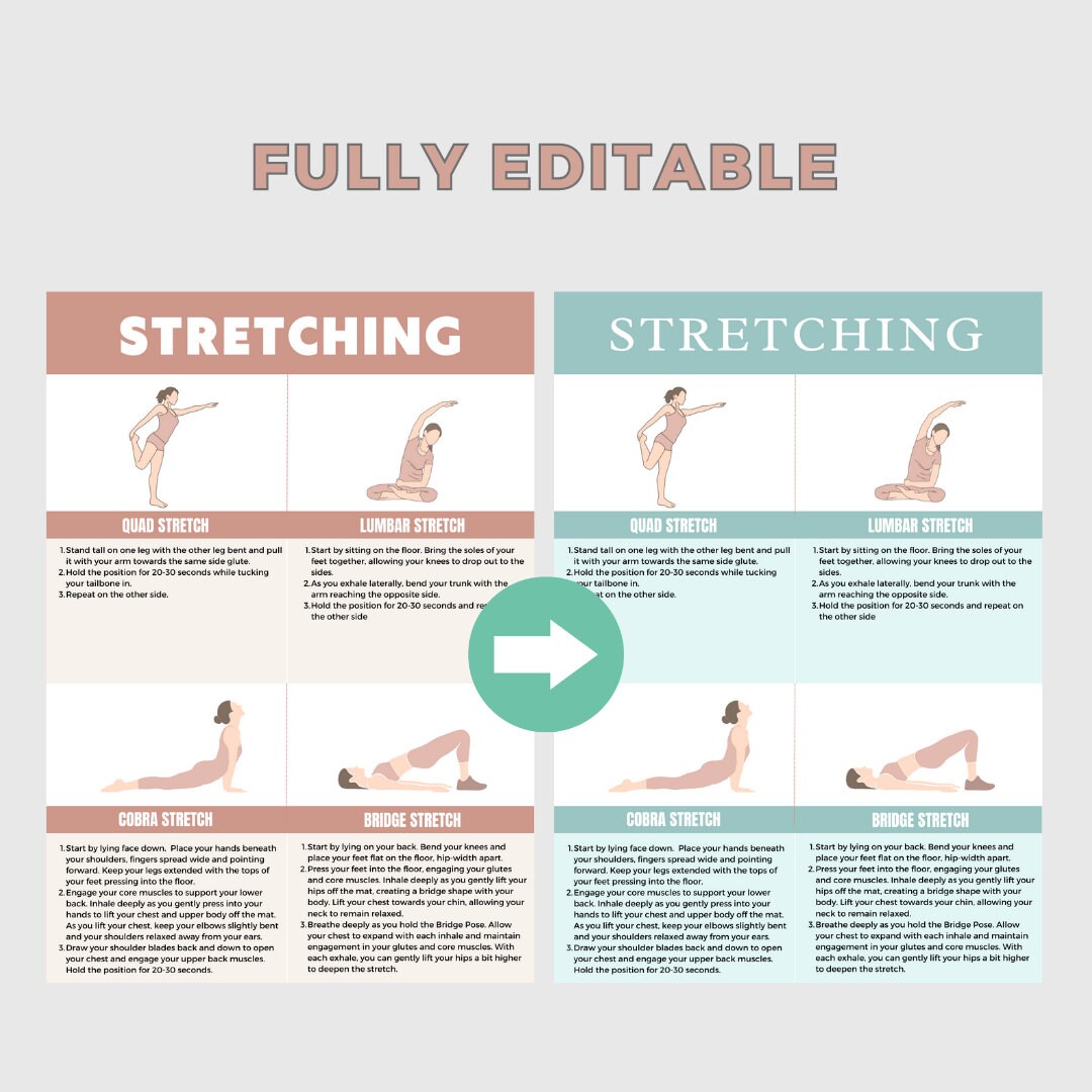 Editable Stretching and Foam Rolling Chart Cheat Sheet Canva A4 Health ...