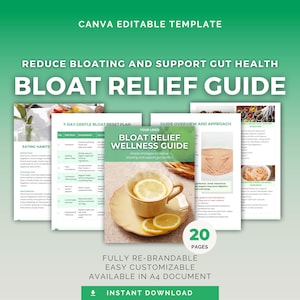 Peut inclure: Guide numérique "Bloat Relief Wellness Guide" avec une tasse de thé et des tranches de citron sur la couverture. Le guide est conçu pour réduire les ballonnements et soutenir la santé intestinale. Le texte "Instant Download" est inclus.