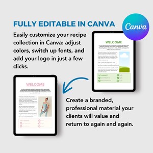 May include: Two digital tablets displaying recipe guide templates. The text "FULLY EDITABLE IN CANVA" and "Easily customize your recipe collection in Canva" are visible. The Canva logo is in the upper right corner. The text "WELCOME" is displayed on the tablets.