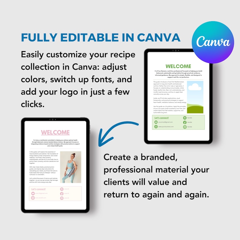 May include: Two digital tablets displaying recipe guide templates. The text "FULLY EDITABLE IN CANVA" and "Easily customize your recipe collection in Canva" are visible. The Canva logo is in the upper right corner. The text "WELCOME" is displayed on the tablets.