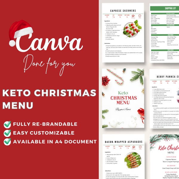 Editable Canva Template Keto Christmas Menu | Low-carb | Healthy Recipes | Holiday | Appetizer | Dessert | Nutrition | Health Coach | Diet