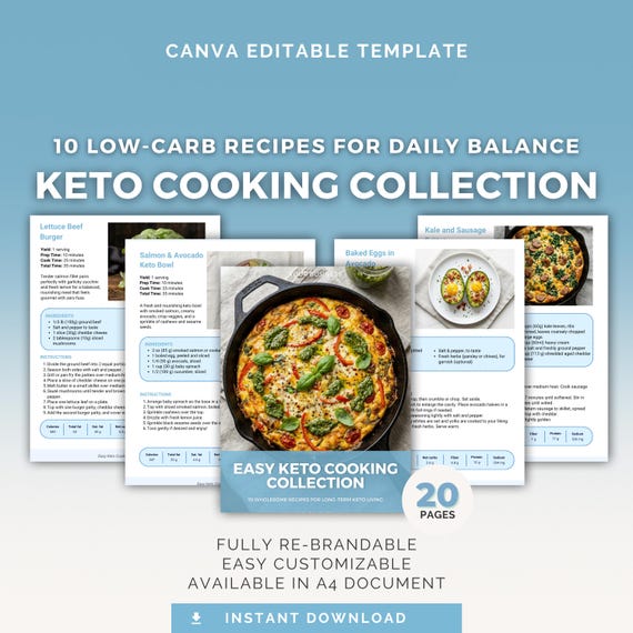 Keto Recipe Cookbook | Editable Canva Template, Nutrition Guide, Low-carb Diet, Health Coach PLR
