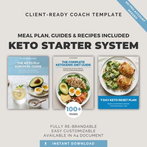 May include: A digital product image with the text "KETO STARTER SYSTEM" and the words "MEAL PLAN, GUIDES & RECIPES INCLUDED." The image features three book covers with titles like "THE KETO FLU SURVIVAL GUIDE" and "THE COMPLETE KETOGENIC DIET GUIDE."
