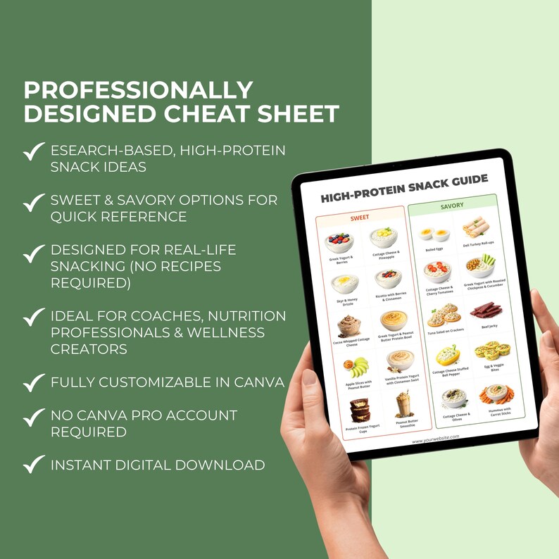 May include: A digital cheat sheet titled "Professionally Designed Cheat Sheet" held in a tablet. The sheet offers high-protein snack ideas, sweet and savory options, and is designed for real-life snacking. The tablet displays a "High-Protein Snack Guide".