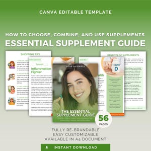 Gids voor essentiële supplementen | Bewerkbare canvassjabloon | Vitamine- en mineralenvoorlichting | Directe download, DFY PLR