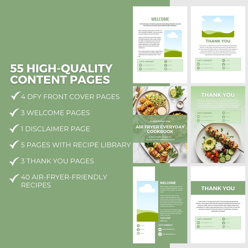 May include: A digital cookbook layout with a green and white color scheme. The cover features the title "Air Fryer Everyday Cookbook" and images of prepared dishes. The layout includes pages with text, graphics, and a list of content pages.