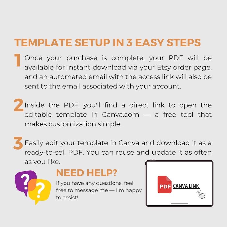 May include: A graphic with instructions for template setup in three steps. The steps include downloading a PDF, opening a Canva link, and editing the template. The image also includes speech bubbles with question marks and a tablet with a PDF icon.