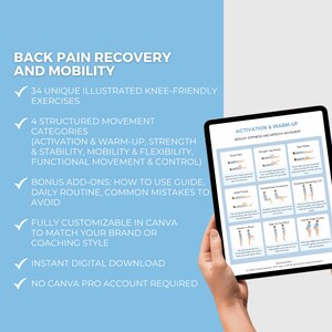 Puede incluir: Gu&iacute;a digital para la recuperaci&oacute;n y movilidad del dolor de espalda, con ejercicios ilustrados para las rodillas. Incluye categor&iacute;as de movimiento estructuradas, complementos adicionales y es personalizable en Canva. Descarga digital instant&aacute;nea.