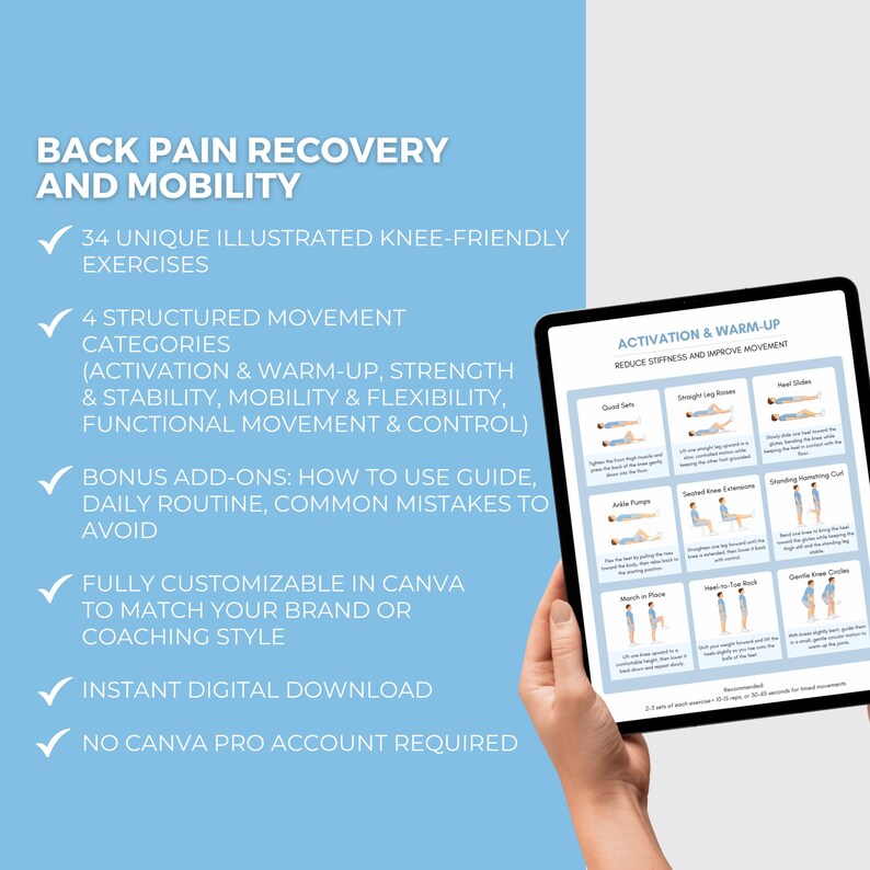 Puede incluir: Gu&iacute;a digital para la recuperaci&oacute;n y movilidad del dolor de espalda, con ejercicios ilustrados para las rodillas. Incluye categor&iacute;as de movimiento estructuradas, complementos adicionales y es personalizable en Canva. Descarga digital instant&aacute;nea.