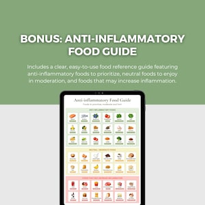 May include: A digital tablet displaying an Anti-inflammatory Food Guide. The guide features a grid of food icons categorized into three sections: Anti-inflammatory Foods, Neutral/Moderate Foods, and Foods That May Increase Inflammation.