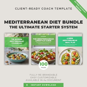 Paquete de dieta mediterránea / Plantilla editable de Canva, guía nutricional, plan de comidas, recetas saludables, coach de salud imagen 1