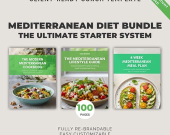 Mediterrane dieetbundel | Bewerkbare canva-sjabloon, voedingsgids, maaltijdplan, gezonde recepten, gezondheidscoach